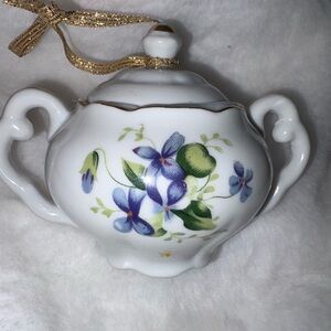 Floral vintage bone china mini sugar bowl  Ornament with Gold Ribbon